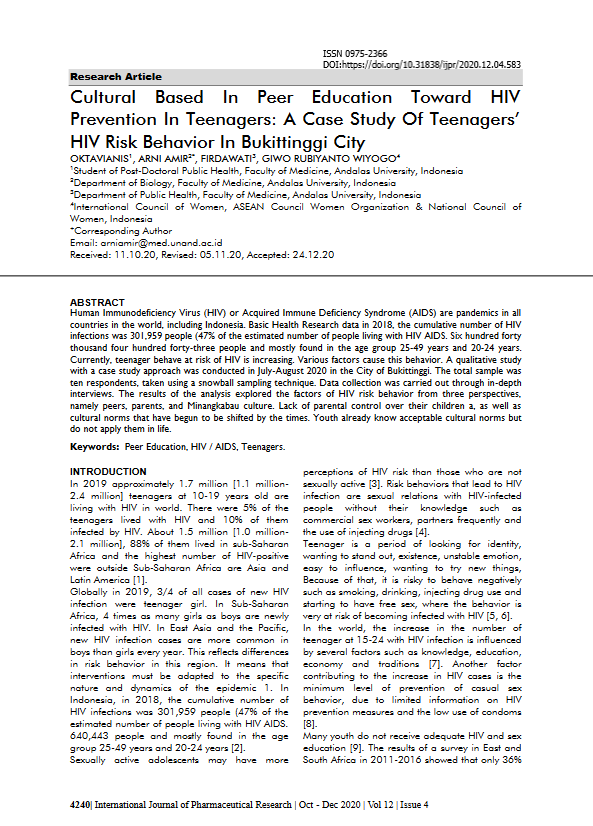 Cultural Based In Peer Education Toward HIV Prevention In Teenagers : A Case Study of Teenagers HIV Risk Behavior In Bukittinggi City