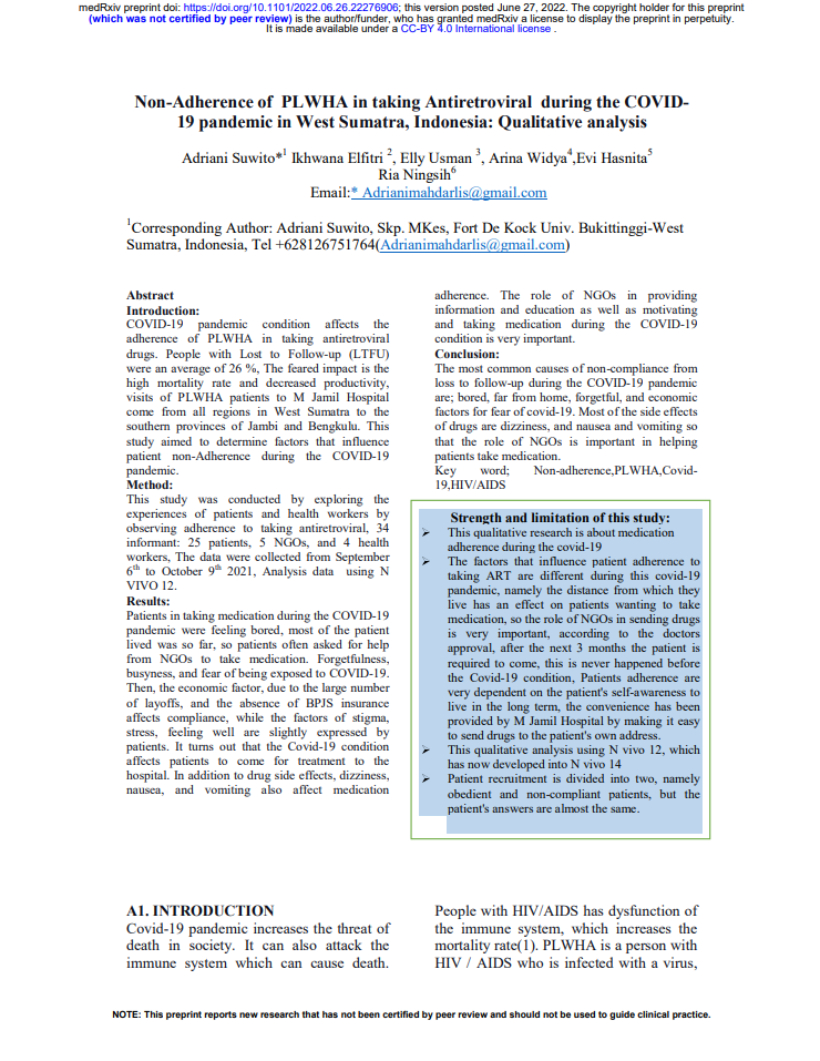Non-Adherence of PLWHA in taking Antiretroviral during the COVID19 pandemic in West Sumatra, Indonesia: Qualitative analysis